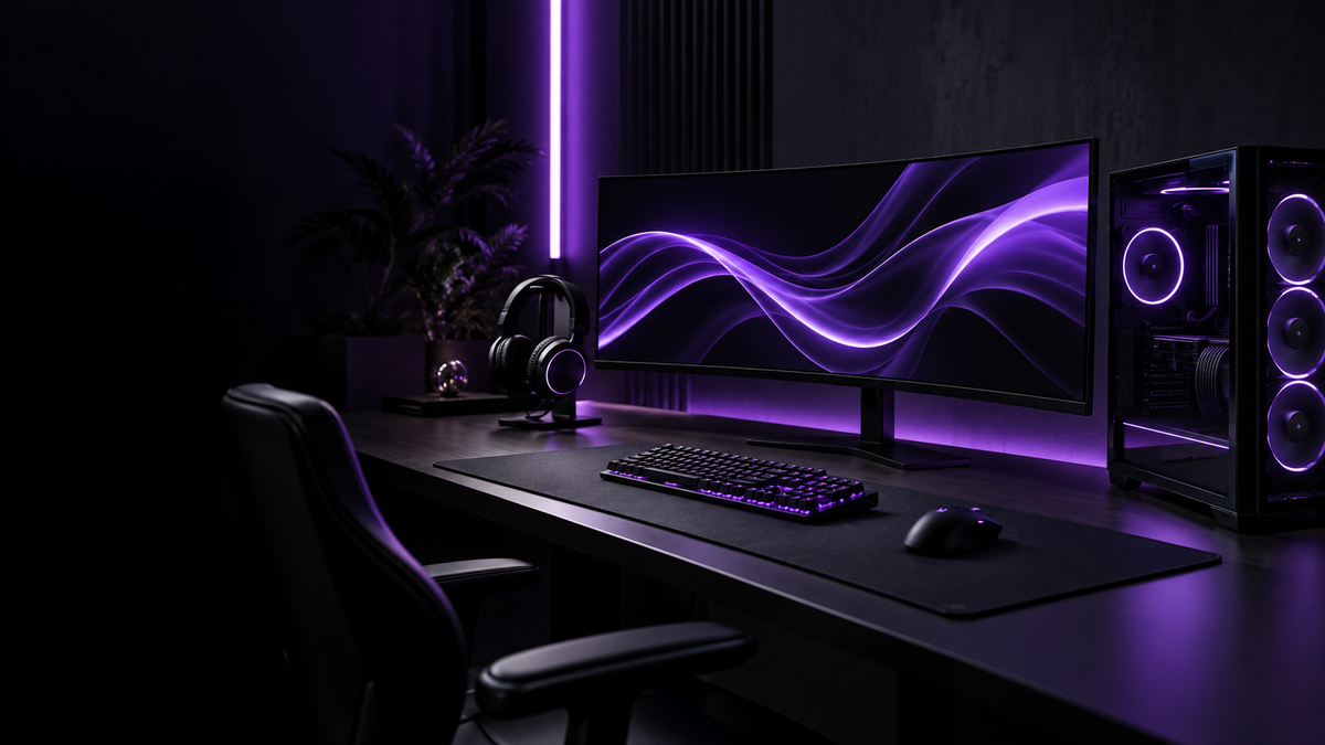 Bureau gaming sombre avec éclairage violet
